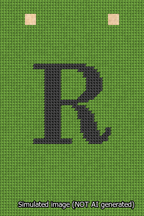 A simulated image of the stitched needlepoint design: Banner 13m Squared R Black on Light Green. Not A.I. generated.