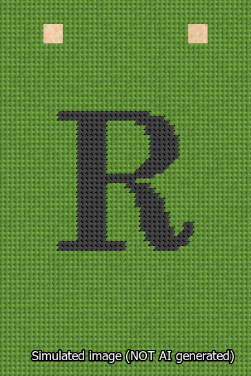 A simulated image of the stitched needlepoint design: Banner 13m Squared R Black on Light Green. Not A.I. generated.