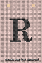 A simulated image of the stitched needlepoint design: Banner 13m Squared R Black on Pink. Not A.I. generated.