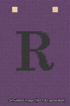 A simulated image of the stitched needlepoint design: Banner 13m Squared R Black on Purple. Not A.I. generated.