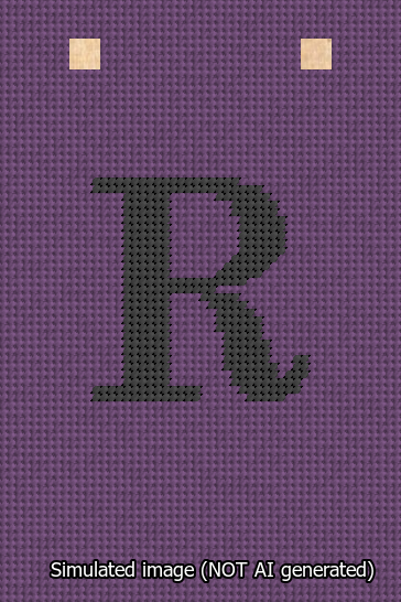A simulated image of the stitched needlepoint design: Banner 13m Squared R Black on Purple. Not A.I. generated.