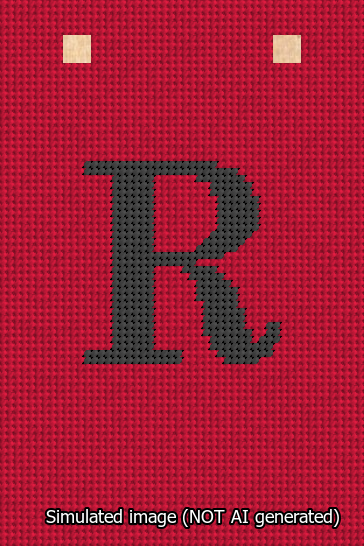 A simulated image of the stitched needlepoint design: Banner 13m Squared R Black on Red. Not A.I. generated.