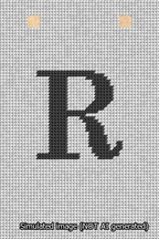 A simulated image of the stitched needlepoint design: Banner 13m Squared R Black on White. Not A.I. generated.