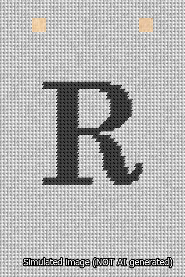 A simulated image of the stitched needlepoint design: Banner 13m Squared R Black on White. Not A.I. generated.