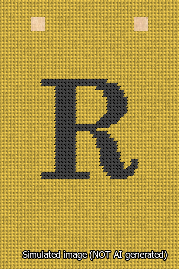 A simulated image of the stitched needlepoint design: Banner 13m Squared R Black on Yellow. Not A.I. generated.