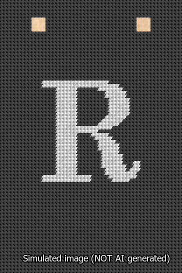 A simulated image of the stitched needlepoint design: Banner 13m Squared R White on Black. Not A.I. generated.