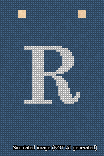 A simulated image of the stitched needlepoint design: Banner 13m Squared R White on Blue. Not A.I. generated.