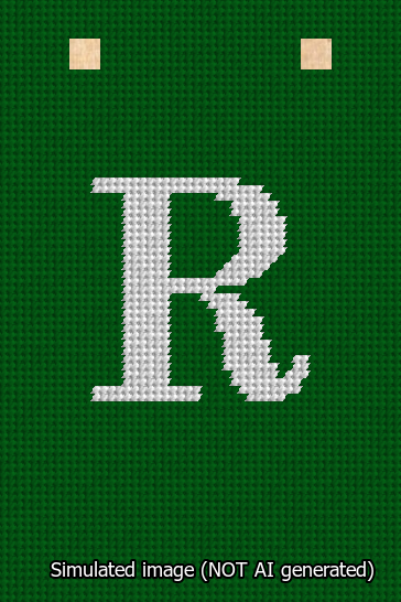 A simulated image of the stitched needlepoint design: Banner 13m Squared R White on Green. Not A.I. generated.