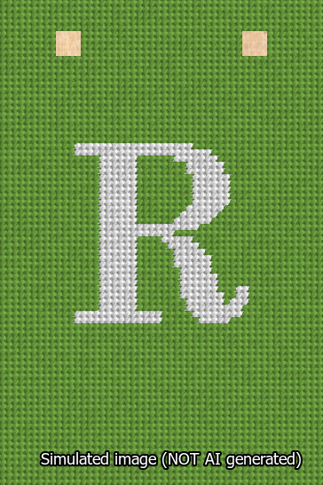 A simulated image of the stitched needlepoint design: Banner 13m Squared R White on Light Green. Not A.I. generated.