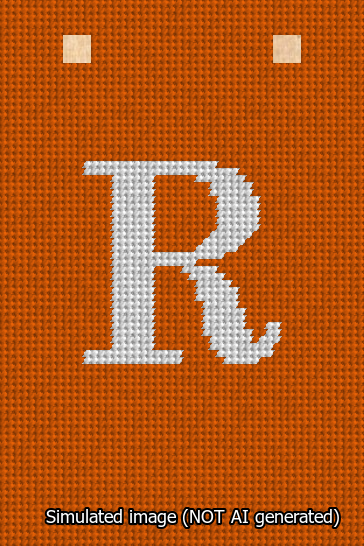 A simulated image of the stitched needlepoint design: Banner 13m Squared R White on Orange. Not A.I. generated.