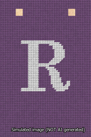 A simulated image of the stitched needlepoint design: Banner 13m Squared R White on Purple. Not A.I. generated.
