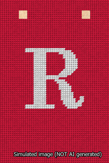 A simulated image of the stitched needlepoint design: Banner 13m Squared R White on Red. Not A.I. generated.