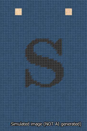 A simulated image of the stitched needlepoint design: Banner 13m Squared S Black on Blue. Not A.I. generated.