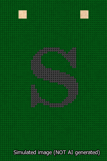 A simulated image of the stitched needlepoint design: Banner 13m Squared S Black on Green. Not A.I. generated.