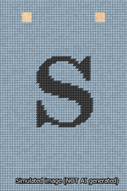 A simulated image of the stitched needlepoint design: Banner 13m Squared S Black on Light Blue. Not A.I. generated.