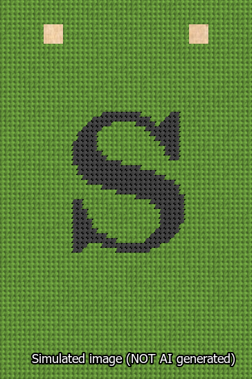 A simulated image of the stitched needlepoint design: Banner 13m Squared S Black on Light Green. Not A.I. generated.
