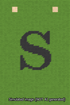 A simulated image of the stitched needlepoint design: Banner 13m Squared S Black on Light Green. Not A.I. generated.