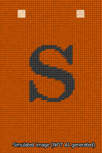 A simulated image of the stitched needlepoint design: Banner 13m Squared S Black on Orange. Not A.I. generated.