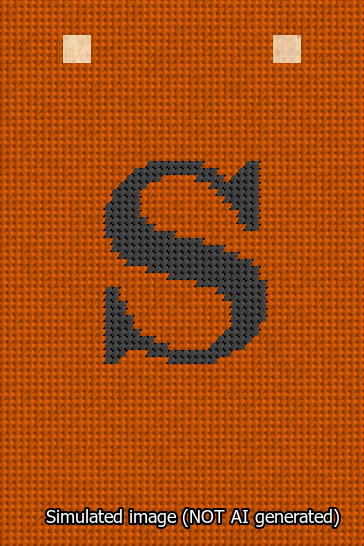 A simulated image of the stitched needlepoint design: Banner 13m Squared S Black on Orange. Not A.I. generated.