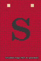 A simulated image of the stitched needlepoint design: Banner 13m Squared S Black on Red. Not A.I. generated.