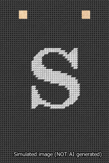 A simulated image of the stitched needlepoint design: Banner 13m Squared S White on Black. Not A.I. generated.