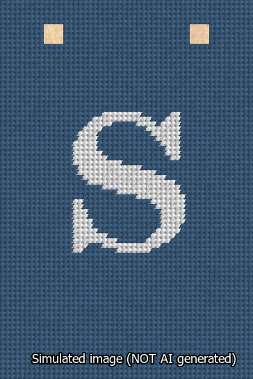 A simulated image of the stitched needlepoint design: Banner 13m Squared S White on Blue. Not A.I. generated.
