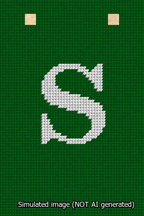 A simulated image of the stitched needlepoint design: Banner 13m Squared S White on Green. Not A.I. generated.