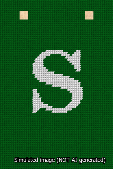 A simulated image of the stitched needlepoint design: Banner 13m Squared S White on Green. Not A.I. generated.