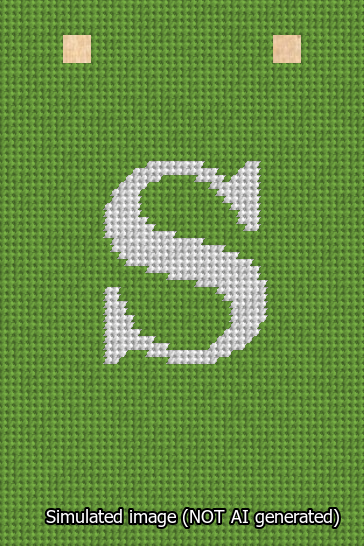 A simulated image of the stitched needlepoint design: Banner 13m Squared S White on Light Green. Not A.I. generated.