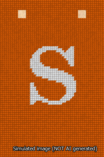A simulated image of the stitched needlepoint design: Banner 13m Squared S White on Orange. Not A.I. generated.