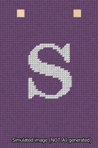 A simulated image of the stitched needlepoint design: Banner 13m Squared S White on Purple. Not A.I. generated.