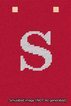A simulated image of the stitched needlepoint design: Banner 13m Squared S White on Red. Not A.I. generated.