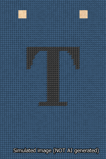 A simulated image of the stitched needlepoint design: Banner 13m Squared T Black on Blue. Not A.I. generated.
