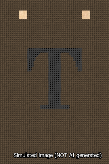 A simulated image of the stitched needlepoint design: Banner 13m Squared T Black on Brown. Not A.I. generated.