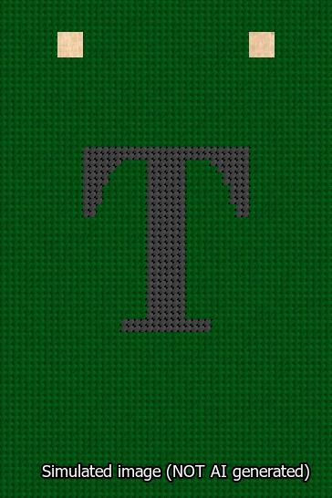 A simulated image of the stitched needlepoint design: Banner 13m Squared T Black on Green. Not A.I. generated.