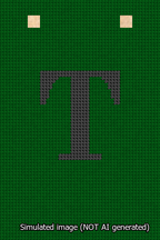 A simulated image of the stitched needlepoint design: Banner 13m Squared T Black on Green. Not A.I. generated.