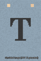 A simulated image of the stitched needlepoint design: Banner 13m Squared T Black on Light Blue. Not A.I. generated.