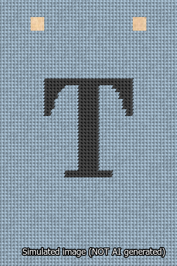 A simulated image of the stitched needlepoint design: Banner 13m Squared T Black on Light Blue. Not A.I. generated.