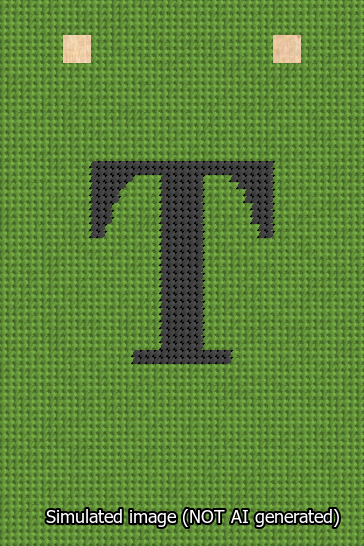 A simulated image of the stitched needlepoint design: Banner 13m Squared T Black on Light Green. Not A.I. generated.