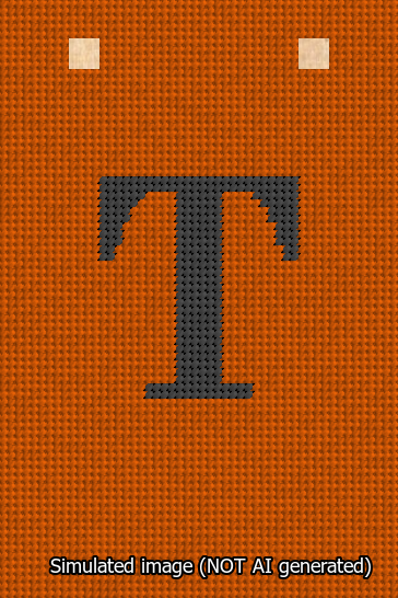 A simulated image of the stitched needlepoint design: Banner 13m Squared T Black on Orange. Not A.I. generated.