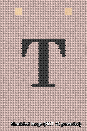 A simulated image of the stitched needlepoint design: Banner 13m Squared T Black on Pink. Not A.I. generated.