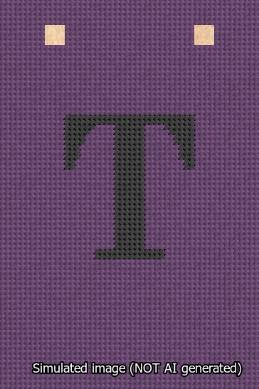 A simulated image of the stitched needlepoint design: Banner 13m Squared T Black on Purple. Not A.I. generated.