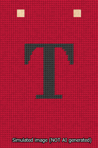 A simulated image of the stitched needlepoint design: Banner 13m Squared T Black on Red. Not A.I. generated.