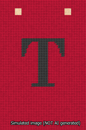 A simulated image of the stitched needlepoint design: Banner 13m Squared T Black on Red. Not A.I. generated.