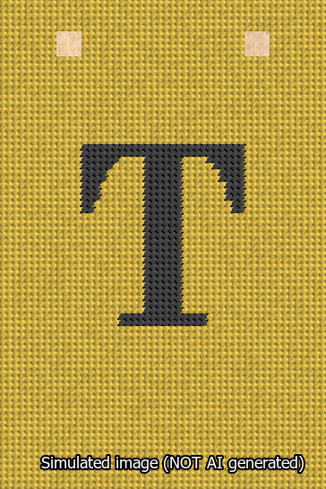 A simulated image of the stitched needlepoint design: Banner 13m Squared T Black on Yellow. Not A.I. generated.
