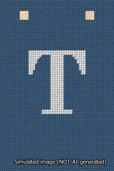 A simulated image of the stitched needlepoint design: Banner 13m Squared T White on Blue. Not A.I. generated.