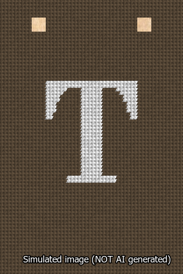 A simulated image of the stitched needlepoint design: Banner 13m Squared T White on Brown. Not A.I. generated.
