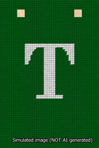 A simulated image of the stitched needlepoint design: Banner 13m Squared T White on Green. Not A.I. generated.