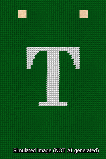 A simulated image of the stitched needlepoint design: Banner 13m Squared T White on Green. Not A.I. generated.