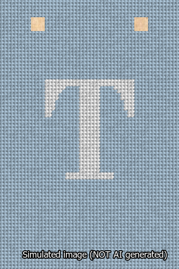 A simulated image of the stitched needlepoint design: Banner 13m Squared T White on Light Blue. Not A.I. generated.